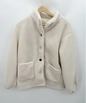 Dazy‎ White Sherpa Button Front Jacket Women Small Patch Pockets Cozy Teddy Coat thumbnail 1
