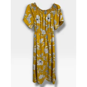 Code Mode NWT XS Mustard Yellow Floral Maxi Dress Off Shoulder Smocked Boho Slit thumbnail 3