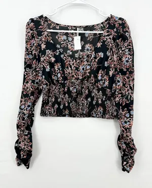 Free People Santiago Print Scoop Neck Smocked Crop Blouse Size XS‎ thumbnail 1