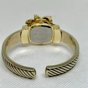 Vintage Gold Tone Enamel Poinsettia hidden face Cuff Style Watch 22mm running thumbnail 4