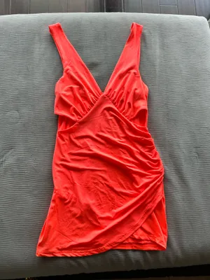 Neon Coral Ruched Cutout Mini Dress thumbnail 2