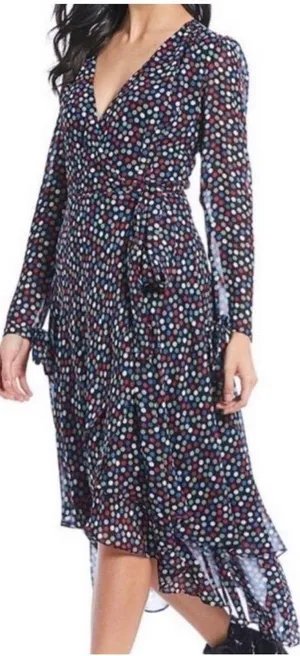 Betsey Johnson Wrap‎ Dress Womens Size 10 Polka Dots High Low Hem Sleeve Tie NEW thumbnail 1