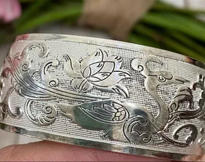 Unsigned Silver-tone Ornate Lotus Flower Peacock 1.25” Open Cuff Bangle Bracelet thumbnail 9