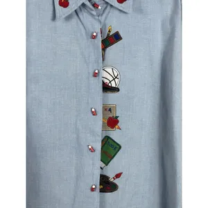 90s Teacher Embroidered School Theme Dressbarn Blue Button Up Long Sleeve Top L thumbnail 4