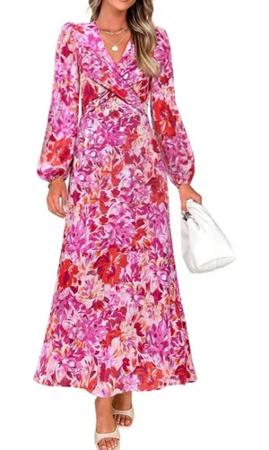 NEW Pink Floral Long Sleeve V Neck Belted Flowy Midi Dress S thumbnail 1