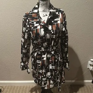 Appraisal Retro style tie front Trench Rain Coat Black Brown White Abstract sz M thumbnail 2