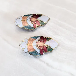 Vintage Clip On Earrings Cloisonné Flower Floral Statement thumbnail 4