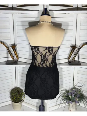 Vintage Y2K mini dress black mesh strapless cut out bodycon clubbing rave punk S thumbnail 2