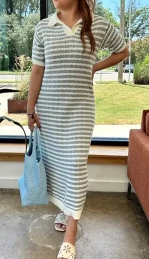 Miou Muse Striped Open Knit Midi‎ Dress Collared Blue/White Size M NEW Nautical thumbnail 1