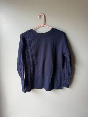 NWT Cable Knit Mixed Media Sweater Navy Blue Crewneck Cozy‎ Women’s Small thumbnail 7