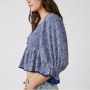 Free People Brittnee Printed Top Blue Floral thumbnail 3