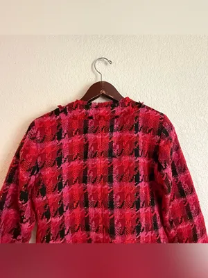 NWT Ann Taylor Womens Blazer Red Pink Tweed Houndstooth Size 4 thumbnail 4