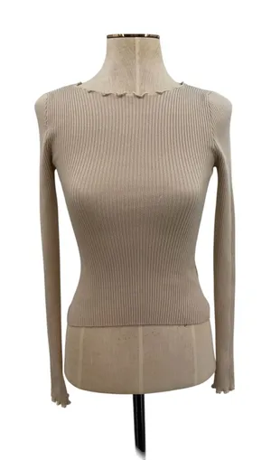 Dissh Ribbed Long Sleeve Top Beige Lettuce Edge Slim Fit Knit‎ Size Small thumbnail 1