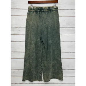 Zenana Acid Washed French Terry Palazzo Pants Small Olive Green Drawstring thumbnail 3
