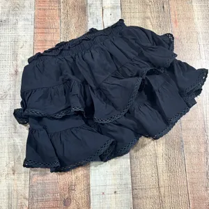 Black Ruffle Skort Shorts Tiered Boho Festival Lace Trim Rayon Mini Small thumbnail 3