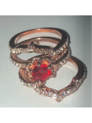 Elegant Rose Gold Tone Red Gemstone Ring Stack with Crystal Accents thumbnail 3