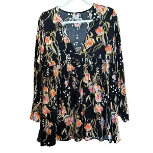 Free People Meadow Lark Womens Medium Floral Black Oversized Long Sleeve Blouse thumbnail 1