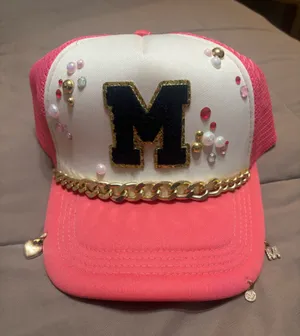 Pink Trucker hat with “M” initial thumbnail 1