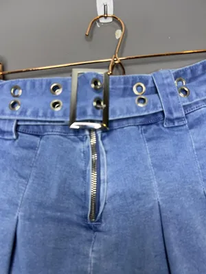 Sugar Thrillz Skirt Womens Small Blue Denim Stretch Pleated Mini Belted Grommet thumbnail 2