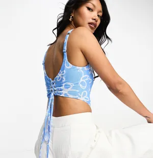 Glamorous Crop Top Women’s Size US 12 Blue White Floral Structured Corset NWT thumbnail 7