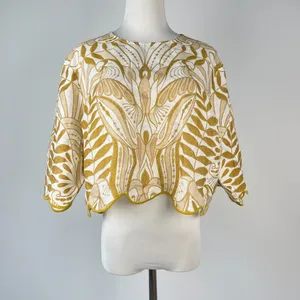 NWOT Farm Rio Linen Lace Nature Short-Sleeve Crop Wavy Blouse Size M thumbnail 3