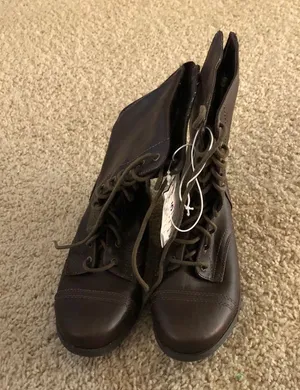 Cherokee Brown combat boots with floral blue design inside thumbnail 1