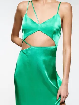 ZARA Asymmetric Cut Out‎ Satin Effect Midi Dress Side Slit Emerald Green Size XS thumbnail 6