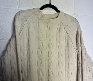 Aerie Cream Cable Knit Crew Neck Sweater Raglan Long Sleeve Ivory Medium thumbnail 1