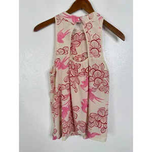 Maeve Anthropologie Pink Red Bird Leaf Print Tie Neck Keyhole Back Blouse Size 8 thumbnail 2