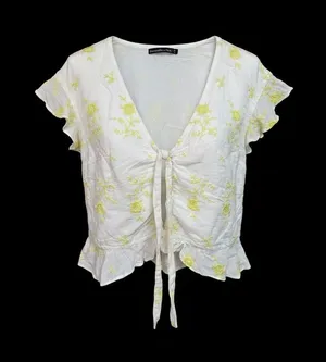 Abercrombie & Fitch White Tie-Front Top with Yellow Floral Embroidery thumbnail 1