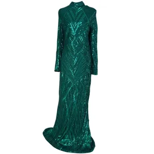 Emerald Green Sequin Geometric Chevron Maxi Dress Long Sleeve Mock Neck Gown thumbnail 5