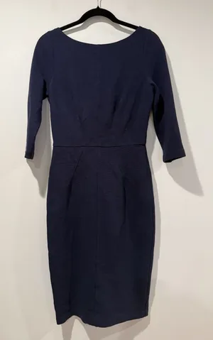 Boden Textured Midi Sheath Dress Womens 6 Navy 3/4 Sleeve Work Career Travel thumbnail 1