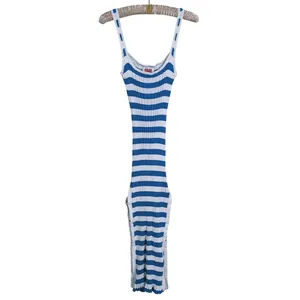 Solid & Striped Womens Ribbed Midi Dress Large Blue White Stripe Resort Beachy thumbnail 3