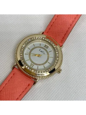 L&Co gold tone women’s watch 36mm quartz analog pink leather band running thumbnail 2