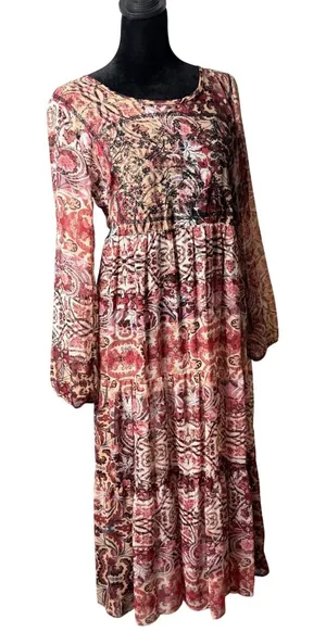 Knox Rose Embroidered Sheer Tiered Maxi Dress M Flowy Folk Floral Cottagecore thumbnail 1