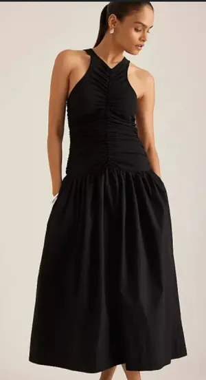 Anthropologie Halter Drop-Waist Midi Dress in Black Size: L thumbnail 1