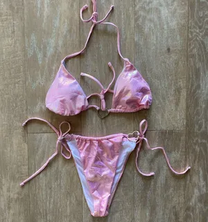 Iridescent holo snakeskin baby pink heart cut out bikini top bottom M NEW thumbnail 1