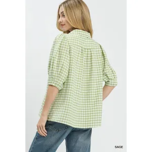 Umgee Gingham Puff Sleeve Collared Blouse - Medium thumbnail 3