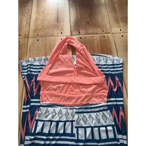Boho Geometric Print Halter‎ Maxi Dress Coral Blue White Summer Vacation Resort thumbnail 6