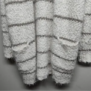 Altar'd State Women's M Ivory/Gray Striped Fuzzy Knit Open Front Cardigan thumbnail 3
