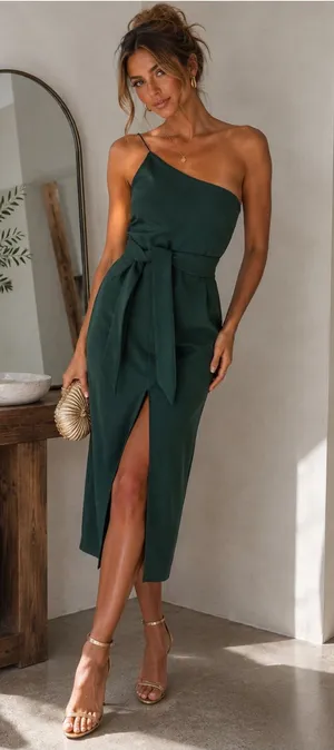 Hello Molly Teal One Shoulder Midi Dress Tie Waist Slit NWT thumbnail 1