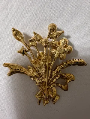 Vintage Gold Tone Floral Bouquet Brooch Faux Pearl Amber Rhinestone Pin thumbnail 3