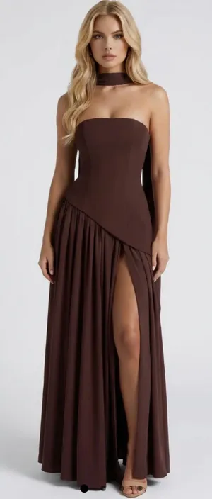 Genevieve Strapless Asymmetric Maxi Dress - Brown thumbnail 1