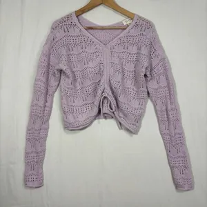 Jessica Simpson Sweater Womens M Lavender Pointelle Crochet‎ Ruched Crop Boho thumbnail 4