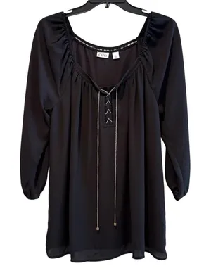 Cato Black Long Sleeve Boho Sheer‎ Chain Detail V-Neck Neck Tunic Top L thumbnail 1