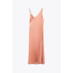 NEW ZARA Pleated Dress with Chain Strap Peach Midi Gold Faux Wrap Surplice XS thumbnail 5