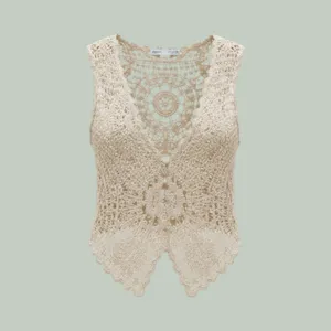 Zara Crochet Vest Women Size S Cream Boho Lace Button‎ Front Openwork Medallion thumbnail 2