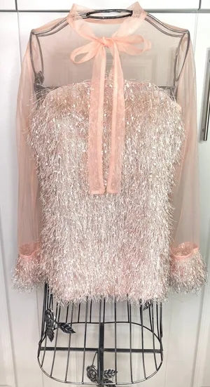Blush Pink Contrast Mesh Tie Neck Shaggy Fringe Blouse thumbnail 10