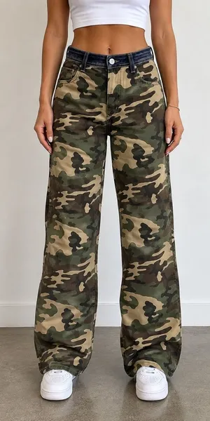 Risen Jeans Camo Wide Leg High Rise Stretch Pants Size 15/32 Y2K thumbnail 1