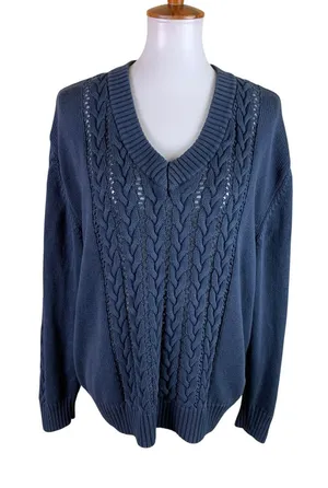 Saint‎ Sofia Organic Cotton Cable Knit Sweater Blue Minimalist Coastal L thumbnail 1